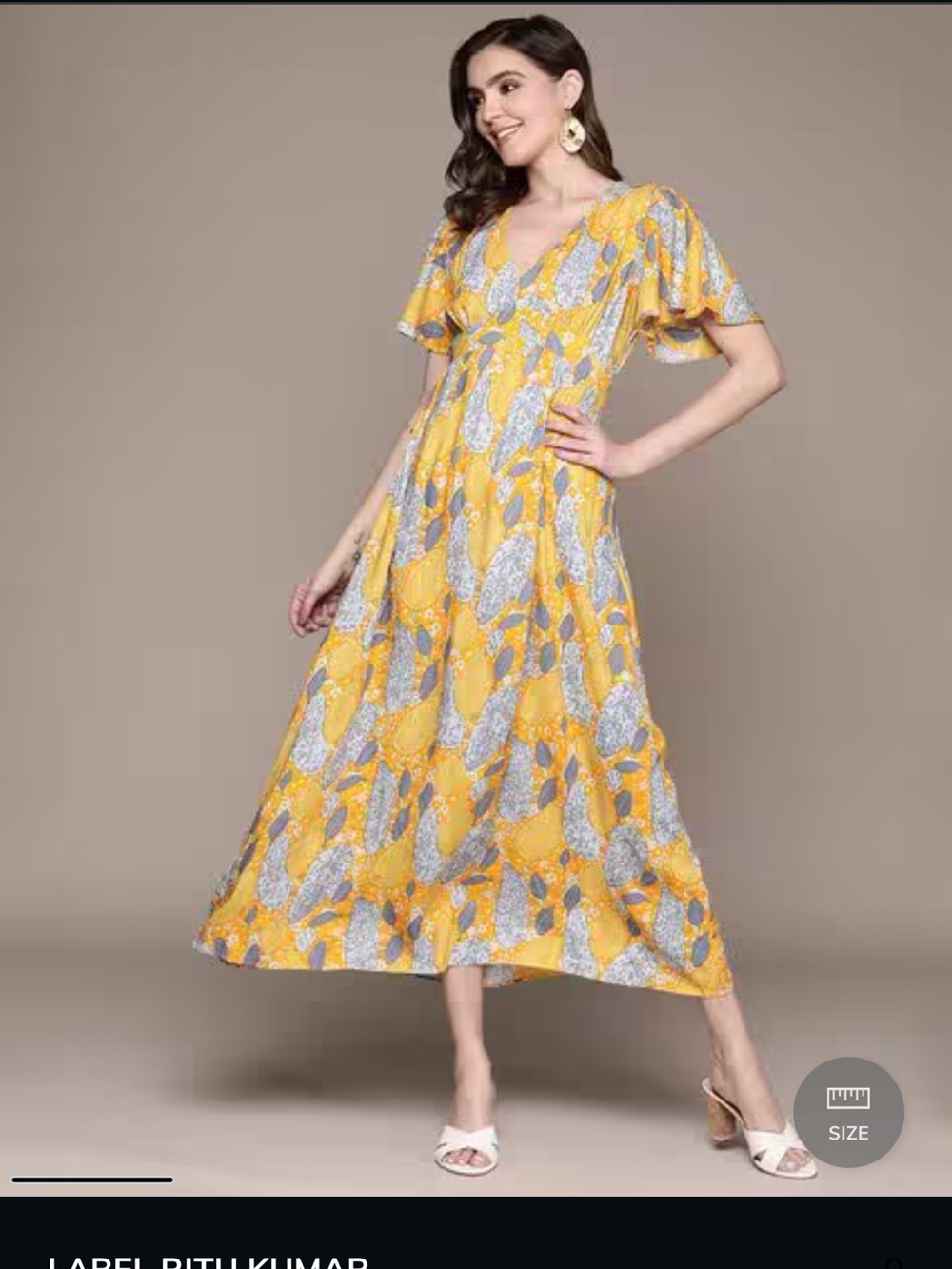 Label Ritu Kumar Yellow Printed Flutter-Sleeve Maxi Dress Women’s Small
